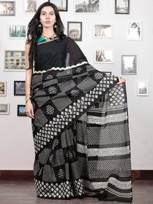 Black White Grey Hand Block Printed Cotton Mul Saree   - S031703030