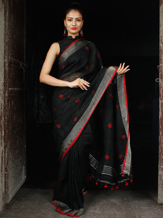 Black Red Silver Handwoven Linen Jamdani Saree With Zari Border & Tassels - S031704012