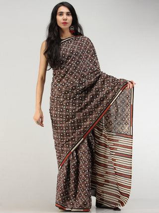 Black Rust Ivory Indigo Hand Block Printed  Cotton Mul Saree - S031704566
