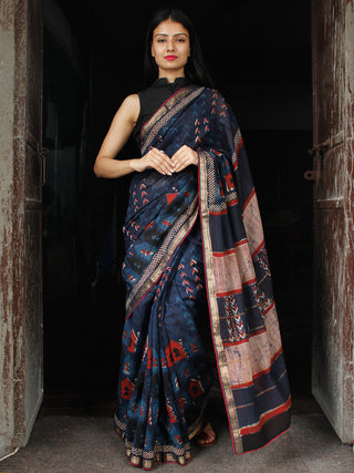 Deep Indigo Red Ivory Chanderi Silk Hand Block Printed Saree With Geecha Border - S031703995
