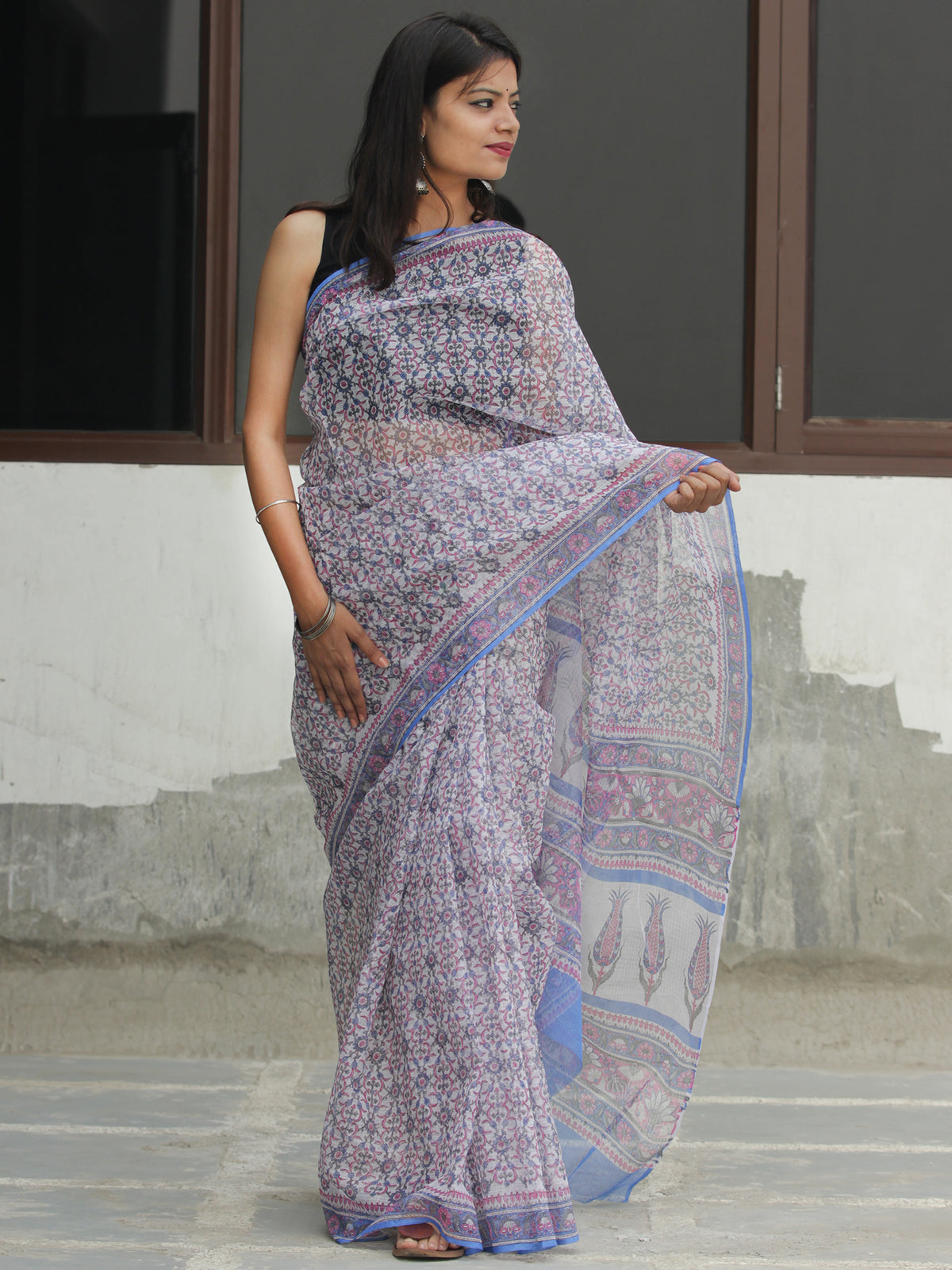 White Sky Blue Pink Hand Block Printed Kota Doria Saree  - S031704087