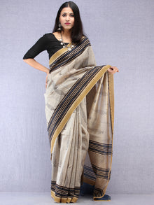 Ivory Black Indigo Hand Block Printed Chanderi Saree With Geecha Border - S031704521
