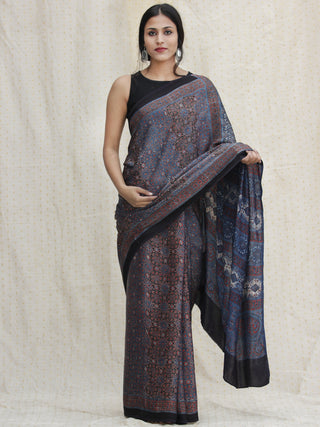 Indigo Black Red Ajrakh Hand Block Printed Modal Silk Saree - S031704127