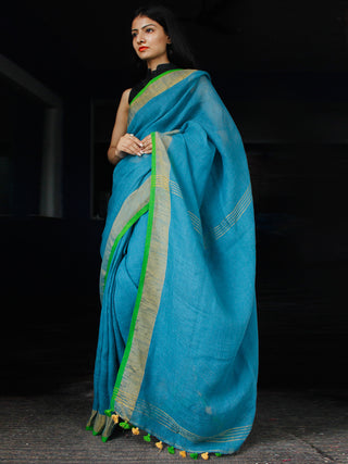 Blue Green Handwoven Linen Saree With Zari - S031703454