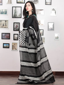 Black White Grey Hand Block Printed Cotton Mul Saree   - S031703030