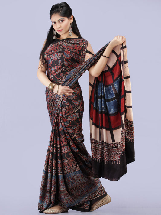 Maroon Black Beige Indigo Ajrakh Hand Block Printed Modal Silk Saree - S031704256