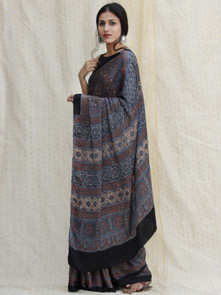 Indigo Black Red Ajrakh Hand Block Printed Modal Silk Saree - S031704127