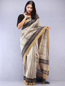 Ivory Black Indigo Hand Block Printed Chanderi Saree With Geecha Border - S031704521