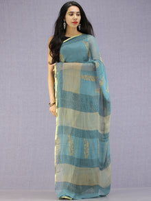 Steel Blue Yellow Hand Block Printed Chiffon Saree with Zari Border - S031704597