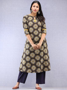 Charcoal Black Mustard Ajrakh Hand Block Printed Kurta With Side Pockets  - K202F1822