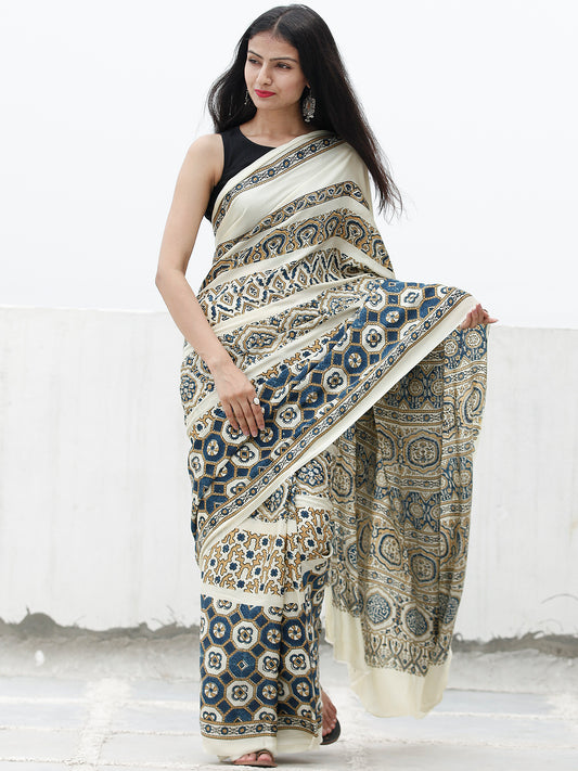 Ivory Indigo Black Brown Ajrakh Hand Block Printed Modal Silk Saree in Natural Colors - S031703707
