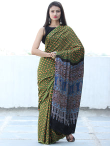 Green Rust Indigo Black Bandhej Modal Silk Saree With Ajrakh Printed Pallu & Blouse - S031703885