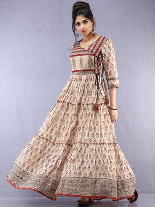 Naaz Mahira - Hand Block Printed Long Cotton Tiered Embroidered Angrakha Dress - DS89F001