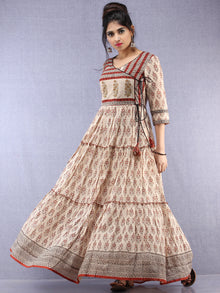 Naaz Mahira - Hand Block Printed Long Cotton Tiered Embroidered Angrakha Dress - DS89F001