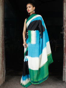 Sky Blue Bottle Green Black White Ikat Handwoven Mercerised Cotton Saree - S031703623
