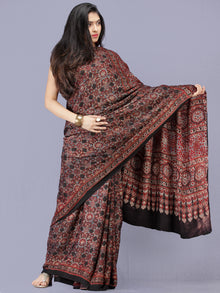 Black Maroon Indigo Ajrakh Hand Block Printed Modal Silk Saree - S031704186