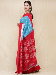 Sky Blue Ivory Red Ikat Handwoven Pochampally Mercerized Cotton Saree - s031704164