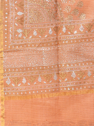 Peach Gold White Kota Silk Hand Block Printed Dupatta  - D04170701