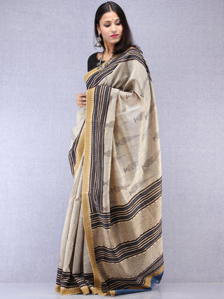 Ivory Black Indigo Hand Block Printed Chanderi Saree With Geecha Border - S031704521