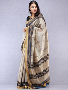 Ivory Black Indigo Hand Block Printed Chanderi Saree With Geecha Border - S031704521