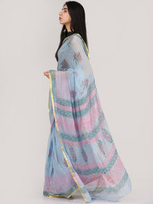 Pastel Blue Pink Green Hand Block Printed Chiffon Saree With Zari Border - S031704696