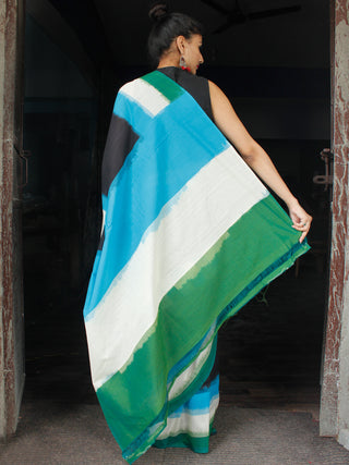 Sky Blue Bottle Green Black White Ikat Handwoven Mercerised Cotton Saree - S031703623