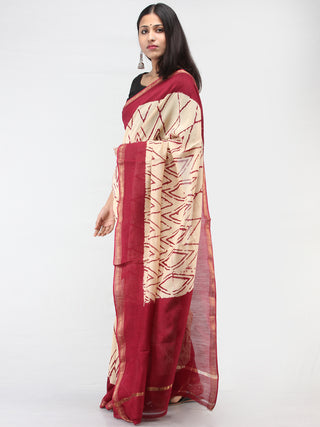 Ivory Maroon Hand Block Printed Maheshwari Silk Saree With Zari Border - S031704467