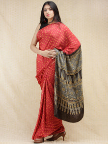 Coral Mustard Black Bandhej Modal Silk Saree With Ajrakh Printed Pallu & Blouse - s031704144