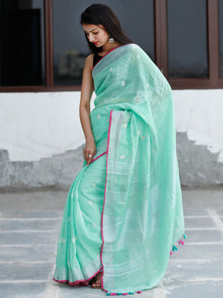 Pastel Green Silver Handwoven Linen Embroidered Saree With Zari Border & Tassels - S031704031