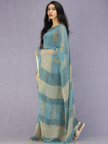 Steel Blue Yellow Hand Block Printed Chiffon Saree with Zari Border - S031704597
