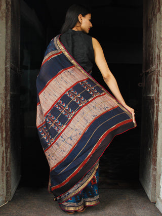 Deep Indigo Red Ivory Chanderi Silk Hand Block Printed Saree With Geecha Border - S031703995