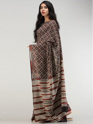 Black Rust Ivory Indigo Hand Block Printed  Cotton Mul Saree - S031704566
