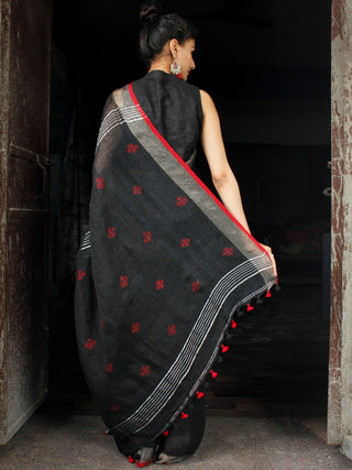 Black Red Silver Handwoven Linen Jamdani Saree With Zari Border & Tassels - S031704012