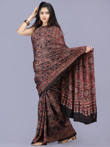 Black Maroon Indigo Ajrakh Hand Block Printed Modal Silk Saree - S031704186