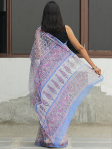 White Sky Blue Pink Hand Block Printed Kota Doria Saree  - S031704087