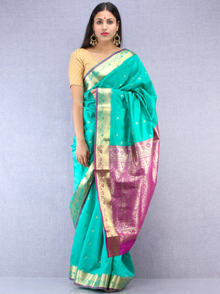 Banarasee Art Silk Saree With Zari Work - Sea green Gold & Violet - S031704414