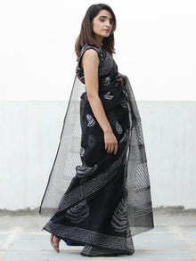 Black & White Hand Block Printed Kota Doria Saree  - S031704081