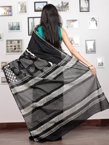 Black White Grey Hand Block Printed Cotton Mul Saree   - S031703030