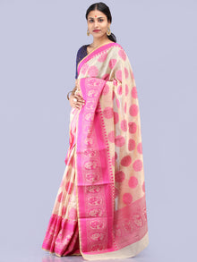 Banarasee Chanderi Saree With Resham Border & Butta - Ivory & Pink - S031704302