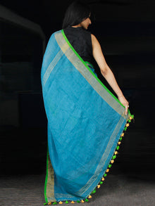 Blue Green Handwoven Linen Saree With Zari - S031703454