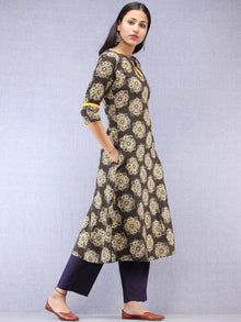Charcoal Black Mustard Ajrakh Hand Block Printed Kurta With Side Pockets  - K202F1822