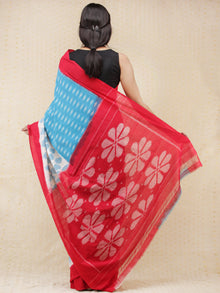 Sky Blue Ivory Red Ikat Handwoven Pochampally Mercerized Cotton Saree - s031704164