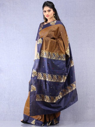 Banarasee Katan Silk Saree With Zari Work - Brown Blue Gold Green - S031704321