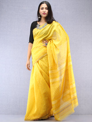Yellow Chanderi Hand Block Printed Saree With Geecha Border - S031704493