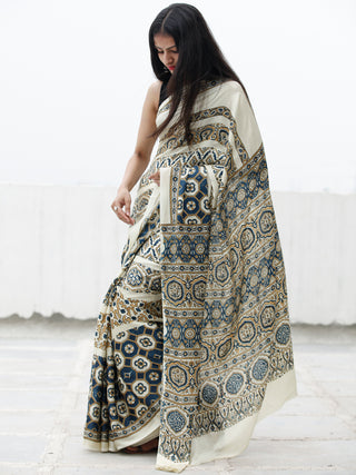 Ivory Indigo Black Brown Ajrakh Hand Block Printed Modal Silk Saree in Natural Colors - S031703707