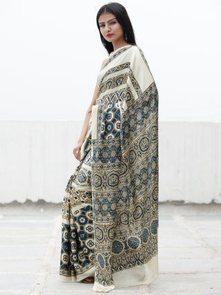 Ivory Indigo Black Brown Ajrakh Hand Block Printed Modal Silk Saree in Natural Colors - S031703707