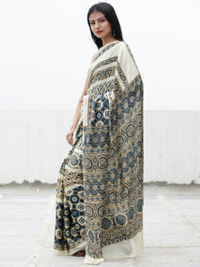 Ivory Indigo Black Brown Ajrakh Hand Block Printed Modal Silk Saree in Natural Colors - S031703707