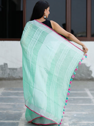 Pastel Green Silver Handwoven Linen Embroidered Saree With Zari Border & Tassels - S031704031