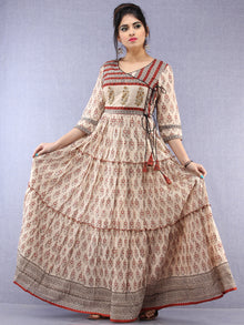 Naaz Mahira - Hand Block Printed Long Cotton Tiered Embroidered Angrakha Dress - DS89F001
