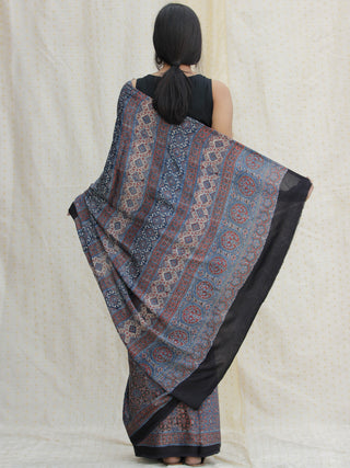 Indigo Black Red Ajrakh Hand Block Printed Modal Silk Saree - S031704127